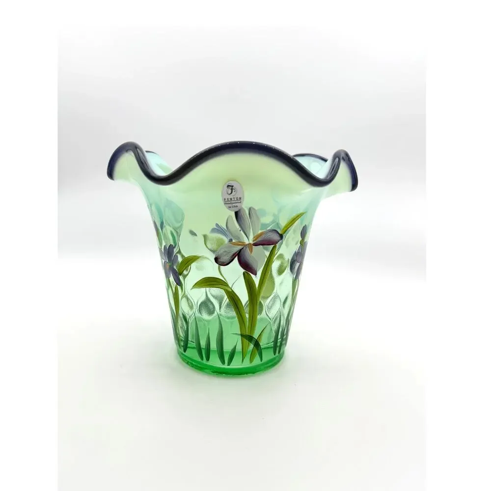 Fenton Green Opal Glass Iris Vase Hand Painted Designer Showcase Signed